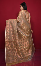 Traditional Floral Nakshi Work Soft Brocade Jamdani Saree in Snuff Brown and Off White with Copper and Muted Golden Zari Nakshi Work