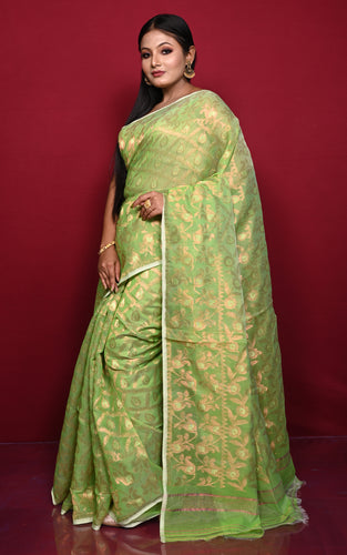 Traditional Floral Nakshi Work Soft Brocade Jamdani Saree in Bright Green and Off White with Copper and Muted Golden Zari Nakshi Work