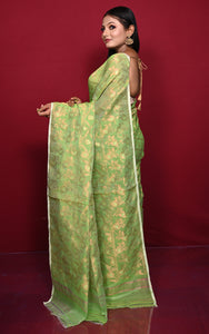 Traditional Floral Nakshi Work Soft Brocade Jamdani Saree in Bright Green and Off White with Copper and Muted Golden Zari Nakshi Work