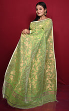 Traditional Floral Nakshi Work Soft Brocade Jamdani Saree in Bright Green and Off White with Copper and Muted Golden Zari Nakshi Work