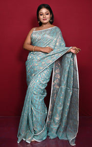 Traditional Floral Nakshi Work Soft Brocade Jamdani Saree in Sea Green and Off White with Copper and Muted Golden Zari Nakshi Work