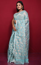 Traditional Floral Nakshi Work Soft Brocade Jamdani Saree in Sea Green and Off White with Copper and Muted Golden Zari Nakshi Work