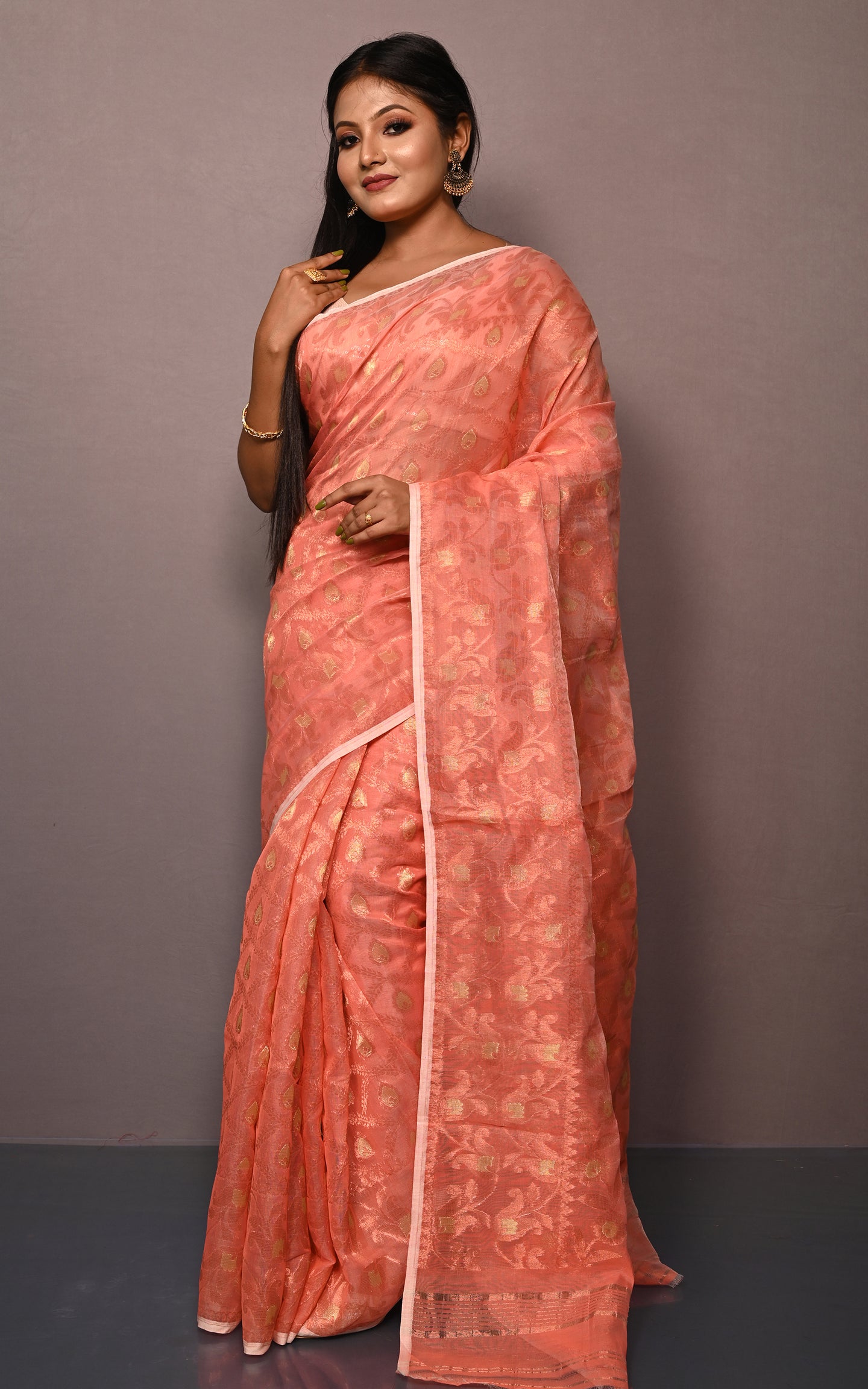 Traditional Floral Nakshi Work Soft Brocade Jamdani Saree in Salmon Orange and Off White with Copper and Muted Golden Zari Nakshi Work