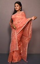 Traditional Floral Nakshi Work Soft Brocade Jamdani Saree in Salmon Orange and Off White with Copper and Muted Golden Zari Nakshi Work