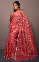 Traditional Floral Nakshi Work Soft Brocade Jamdani Saree in Cerise Pink and Off White with Copper and Muted Golden Zari Nakshi Work