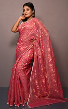 Traditional Floral Nakshi Work Soft Brocade Jamdani Saree in Cerise Pink and Off White with Copper and Muted Golden Zari Nakshi Work