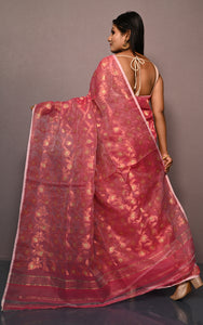 Traditional Floral Nakshi Work Soft Brocade Jamdani Saree in Cerise Pink and Off White with Copper and Muted Golden Zari Nakshi Work