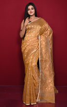 Traditional Floral Nakshi Work Soft Brocade Jamdani Saree in Mustard Golden and Off White with Copper and Muted Golden Zari Nakshi Work