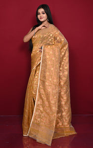 Traditional Floral Nakshi Work Soft Brocade Jamdani Saree in Mustard Golden and Off White with Copper and Muted Golden Zari Nakshi Work