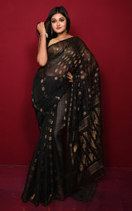 Soft Neem Zari Woven Work Jamdani Saree in Black and Antique Gold