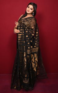 Soft Neem Zari Woven Work Jamdani Saree in Black and Antique Gold