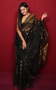 Soft Neem Zari Woven Work Jamdani Saree in Black and Antique Gold