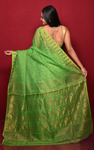 Soft Neem Zari Woven Work Jamdani Saree in Green and Antique Gold