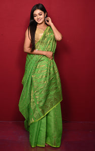 Soft Neem Zari Woven Work Jamdani Saree in Green and Antique Gold