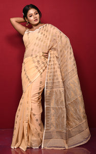 Soft Neem Zari Woven Work Jamdani Saree in Beige and Antique Gold