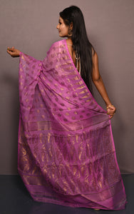 Soft Neem Zari Woven Work Jamdani Saree in Pink and Antique Gold