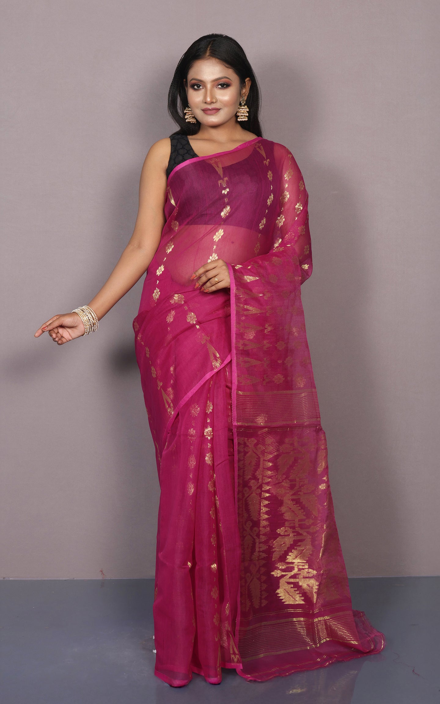 Soft Neem Zari Woven Work Jamdani Saree in Mulberry and Antique Gold