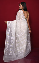 Leaf and Floral Motif Nakshi Work Soft Jamdani Saree in Off White, White and Dry Gold