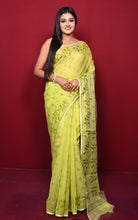 Leaf and Floral Motif Nakshi Work Soft Jamdani Saree in Lime Green, Avocado Green and Dry Gold