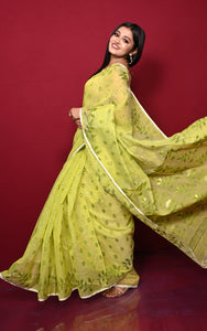 Leaf and Floral Motif Nakshi Work Soft Jamdani Saree in Lime Green, Avocado Green and Dry Gold