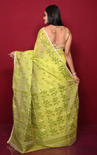 Leaf and Floral Motif Nakshi Work Soft Jamdani Saree in Lime Green, Avocado Green and Dry Gold