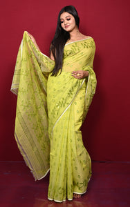 Leaf and Floral Motif Nakshi Work Soft Jamdani Saree in Lime Green, Avocado Green and Dry Gold