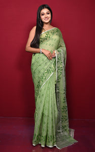 Leaf and Floral Motif Nakshi Work Soft Jamdani Saree in Dollar Bill Green and Dry Gold