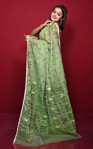 Leaf and Floral Motif Nakshi Work Soft Jamdani Saree in Dollar Bill Green and Dry Gold