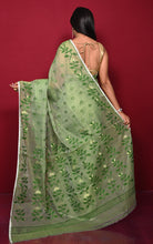 Leaf and Floral Motif Nakshi Work Soft Jamdani Saree in Dollar Bill Green and Dry Gold