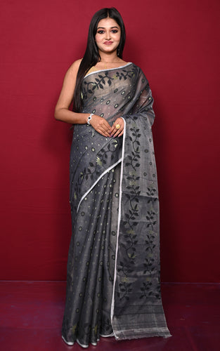 Leaf and Floral Motif Nakshi Work Soft Jamdani Saree in Grey, Black and Dry Gold