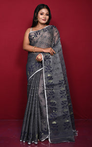 Leaf and Floral Motif Nakshi Work Soft Jamdani Saree in Charcoal Grey, Black and Dry Gold