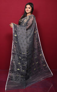 Leaf and Floral Motif Nakshi Work Soft Jamdani Saree in Grey, Black and Dry Gold