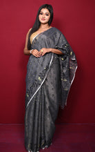 Leaf and Floral Motif Nakshi Work Soft Jamdani Saree in Grey, Black and Dry Gold