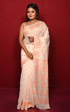 Leaf and Floral Motif Nakshi Work Soft Jamdani Saree in Off White, Cantaloupe Orange and Dry Gold