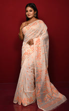 Leaf and Floral Motif Nakshi Work Soft Jamdani Saree in Off White, Cantaloupe Orange and Dry Gold