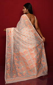 Leaf and Floral Motif Nakshi Work Soft Jamdani Saree in Off White, Cantaloupe Orange and Dry Gold