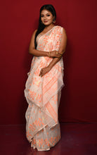 Leaf and Floral Motif Nakshi Work Soft Jamdani Saree in Off White, Cantaloupe Orange and Dry Gold