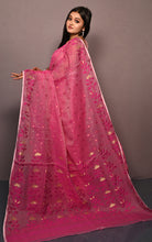 Leaf and Floral Motif Nakshi Work Soft Jamdani Saree in Raspberry Pink and Dry Gold