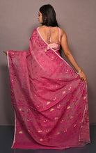 Leaf and Floral Motif Nakshi Work Soft Jamdani Saree in Raspberry Pink and Dry Gold