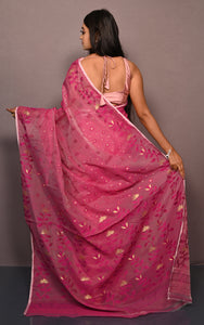 Leaf and Floral Motif Nakshi Work Soft Jamdani Saree in Raspberry Pink and Dry Gold