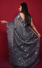 Leaf and Floral Motif Nakshi Work Soft Jamdani Saree in Charcoal Grey, Black and Dry Gold