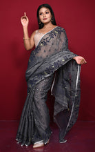 Leaf and Floral Motif Nakshi Work Soft Jamdani Saree in Charcoal Grey, Black and Dry Gold