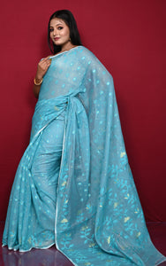 Leaf and Floral Motif Nakshi Work Soft Jamdani Saree in Baby Blue and Dry Gold