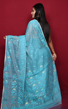 Leaf and Floral Motif Nakshi Work Soft Jamdani Saree in Baby Blue and Dry Gold