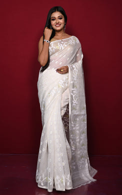 Leaf and Floral Motif Nakshi Work Soft Jamdani Saree in Off White, White and Dry Gold