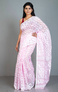Traditional Cotton Muslin Soft Jamdani Saree in Pastel Pink, Off White and Gold