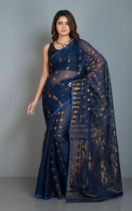 Soft Dhakai Jamdani Saree in Midnight Blue, Royal Blue and Antique Gold