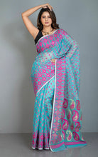 Traditional Soft Jamdani Saree in Aqua Blue, Hot Pink and Gold