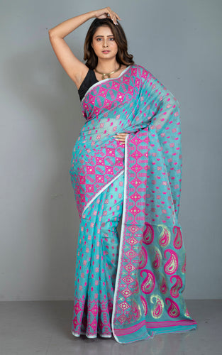 Traditional Soft Jamdani Saree in Sea green, Hot Pink and Gold