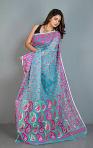 Traditional Soft Jamdani Saree in Aqua Blue, Hot Pink and Gold